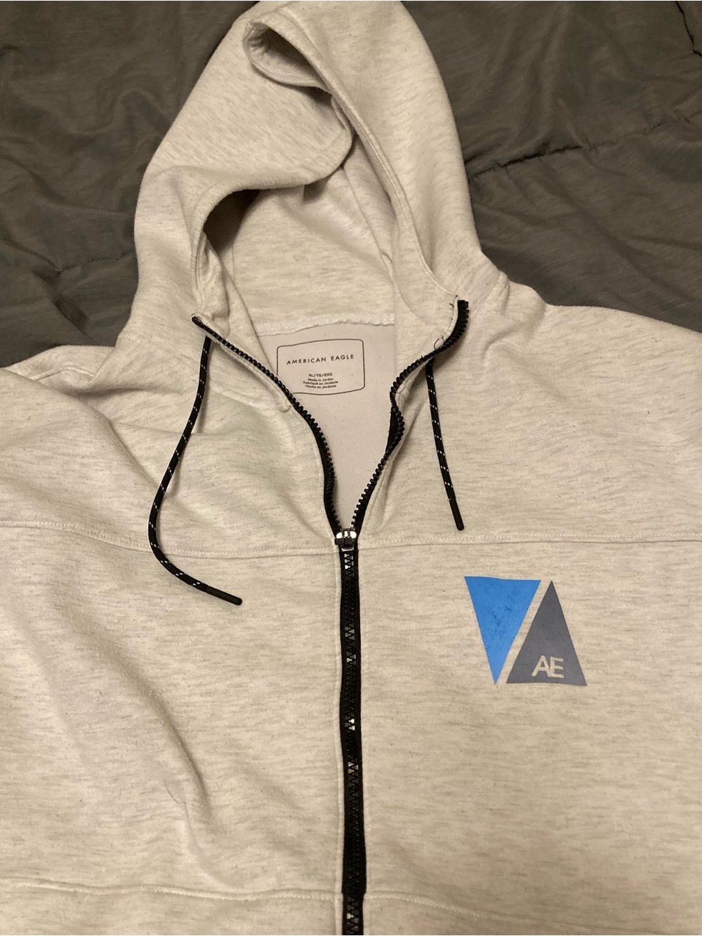 American Eagle Outfitters Light Gray Zip Hoodie with Blue and Gray Logo